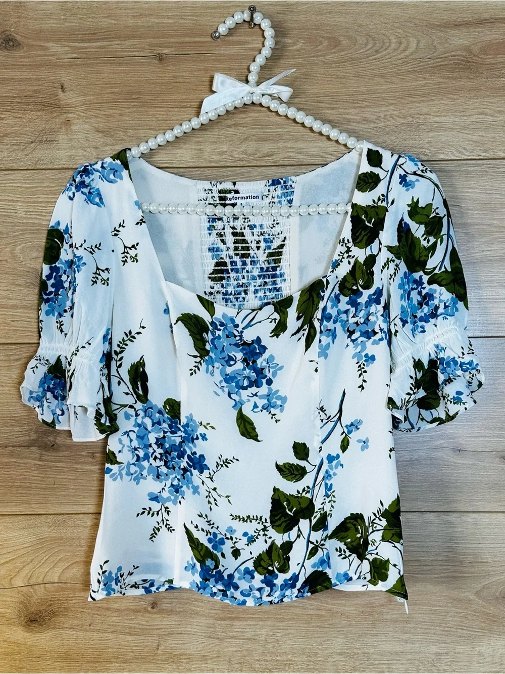 Reformation Constance Top Cream Floral Square-Neck Puff Sleeve Top